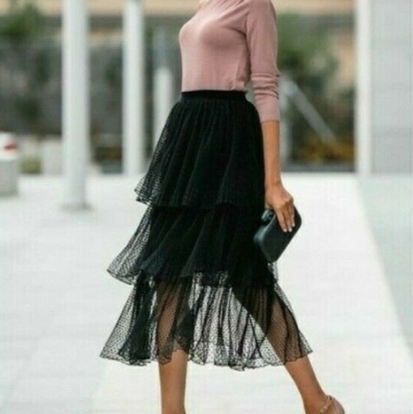 Zara Dresses & Skirts - Zara Swiss dot tulle semi sheer tiered black skirt size large